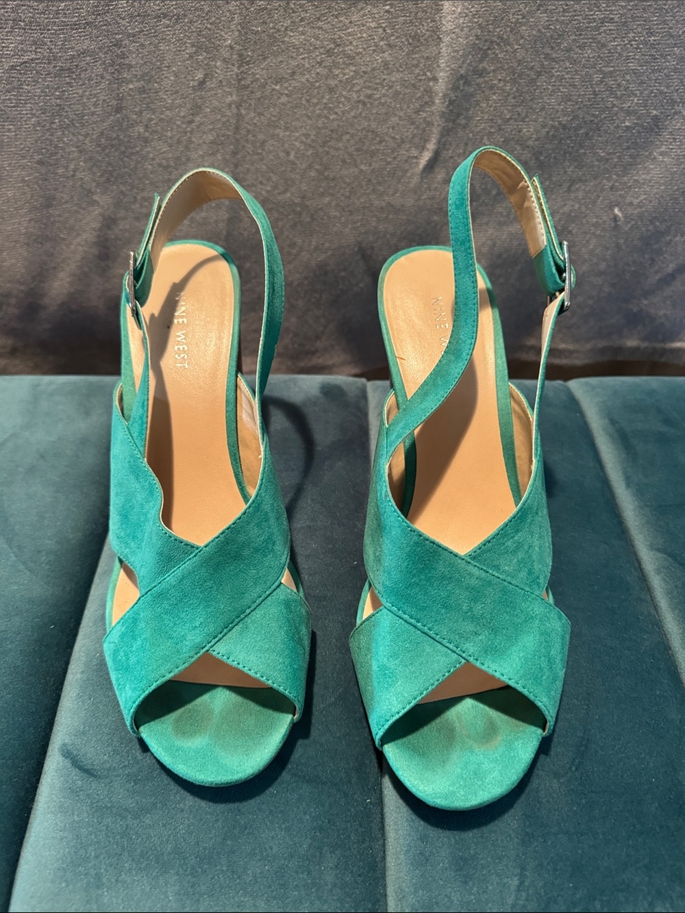 Nine West Albax5 Aqua Green Crisscross Suede Slingback Heels
